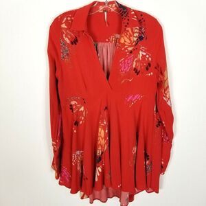 FREE PEOPLE Women Field Of Butterflies Semi-Sheer Tunic Top Size S Red Hi Low